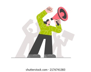 A crowd angry women with a loudspeaker and megaphone at a protest. A woman at a rally. Feminism. Girl Power. Flat vector illustration isolated on white background. 