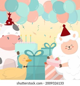 A crowd of animal cow, duck, sheep held a birthday party. They decorated the place with a lot of balloons. In party has a cake and gift. Cartoon vector illustration in flat style 