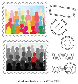 Crowd ans stamps on a post stamps