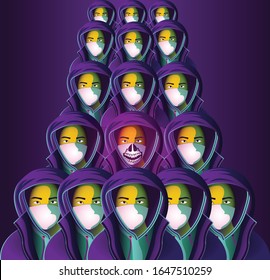 A crowd of asian people wearing protective mask with one infected man in a centre. Coronavirus spreading concept. 