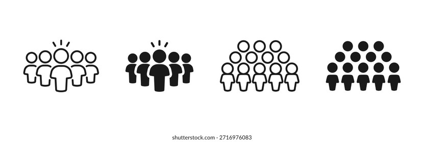Conjunto de ícones de pessoas da multidão e da plateia mostrando grupos de pessoas e reuniões públicas. Símbolos vetoriais para conceitos de comunidade, sociedade, trabalho em equipe, população, público-alvo de eventos e interação social.