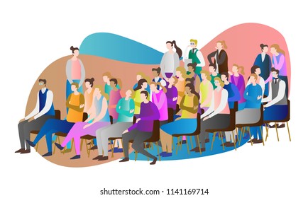 Crowd audience vector illustration. Group of people, person and spectators together watching, sitting, standing and whispering at speech, presentation, symposium or conference. Many adult students.