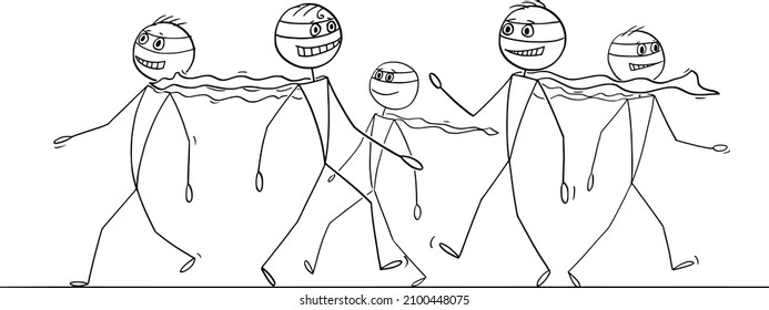 Crowd Of Average Heroes Or Superheroes Walking On The Street , Vector Cartoon Stick Figure Or Character Illustration.