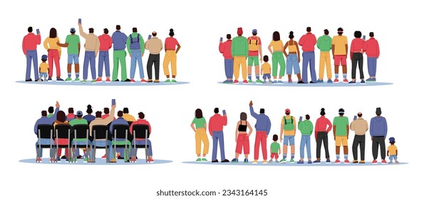 Crowd back. Audience characters. Group of persons on event. Spectators sitting on chairs. Students auditorium. People standing in row. Men and women with phones. Vector illustration