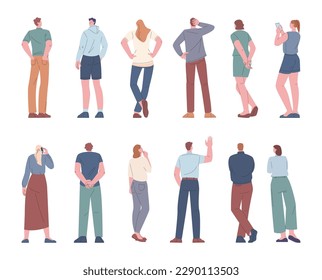 Crowd back stand people, flat standing human group. Workers different, rear view on women and men. Isolated behind adults kicky vector set