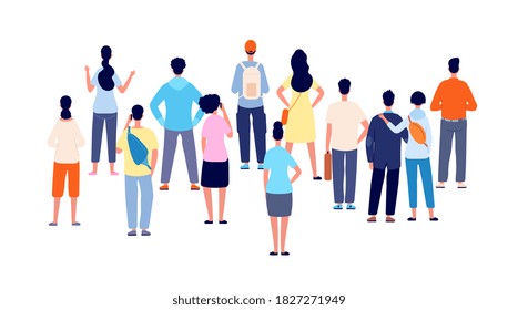 Crowd back view. Cartoon persons, people group standing backs. Flat public young man woman meeting, office business audience vector concept