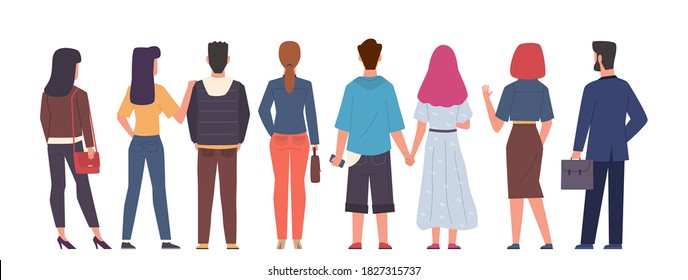 Crowd Back View. Group Men And Women Standing In Different Poses Of Back View, Couple People Hugging And Holding Hands, Male And Female Persons From Back Side With Bags Flat Vector Isolated Concept