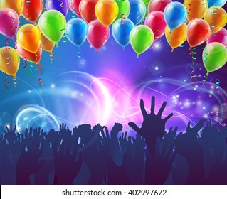 Crowd background of peoples hands up in celebration in silhouette with balloons and abstract lights background

