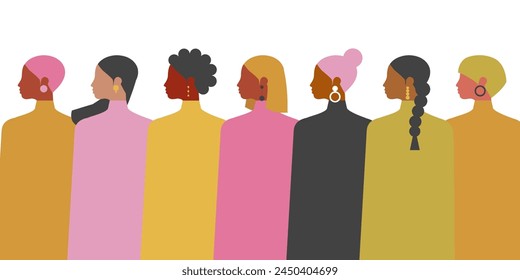 Una multitud de hermosas mujeres de diferentes nacionalidades juntas sobre un fondo blanco con espacio para copiar. Vector.