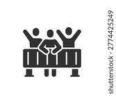 Crowd behind barrier icon. Public event, concert audience and restricted area control. Monochrome black and white symbol