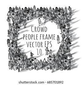 Crowd big group people frame black and white. Monochrome vector illustration. EPS10