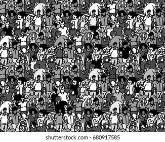 Crowd big group people seamless pattern black and white. Monochrome vector illustration. EPS8