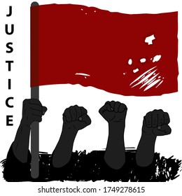 A crowd of black people at a protest with an old flag on a white background. Demonstration against violence and racism. Stock vector illustration for print, news and blogs. The demand for justice.