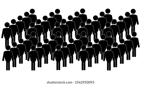 Crowd of black silhouettes of people on white background, large queue of people, black bodyguards icon, crowd of identical people, herd feeling among people, black vector team icon