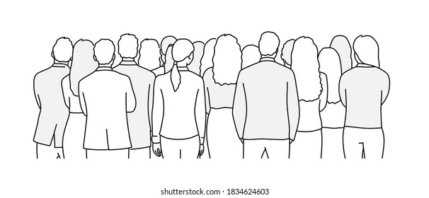 Crowd Of Business People. Back View. Hand Drawn Vector Line.