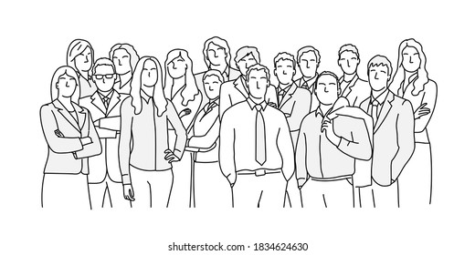 Crowd of business people. Front view. Hand drawn vector line.