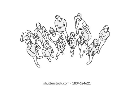 Crowd Of Business People. View From Above. Hand Drawn Vector Line.