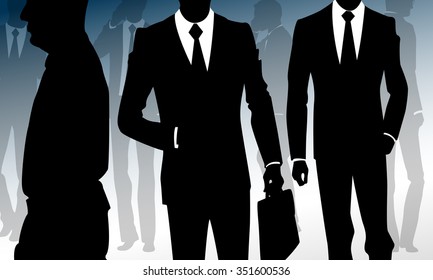 Crowd of businessmen walking to work and calling on phone