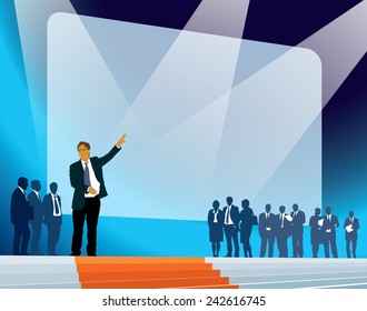 Crowd of businesspeople celebrating promotion of a new product.