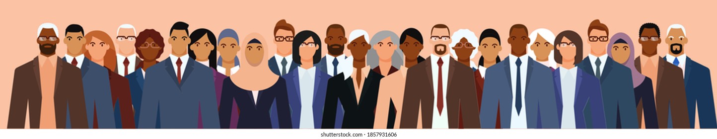 Crowd of businesspeople of diverse age and ethnicity in formal suits. Flat design vector illustration.