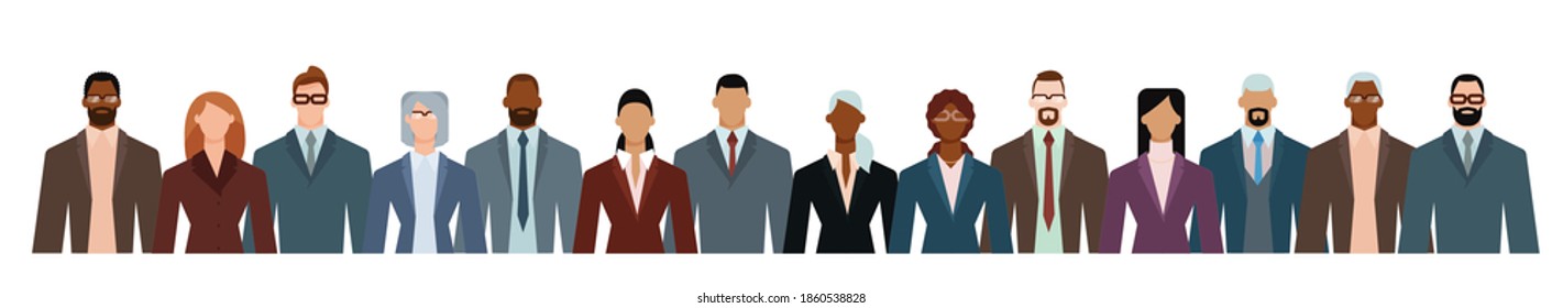 Crowd of businesspeople of diverse age and ethnicity in formal suits. Flat design vector illustration.