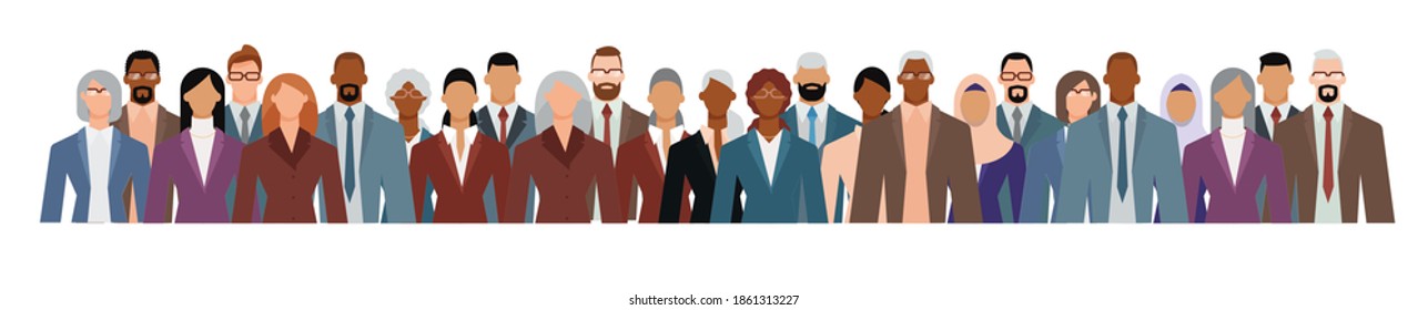 Crowd of businesspeople of diverse age and ethnicity in formal suits. Flat design vector illustration.