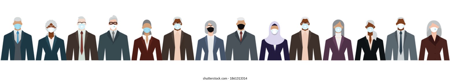 Crowd of businesspeople of senior age and ethnicity in formal suits. Flat design vector illustration.