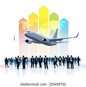 Crowd of businesspeople standing, flying airplane and a large colorful chart with world map in the background