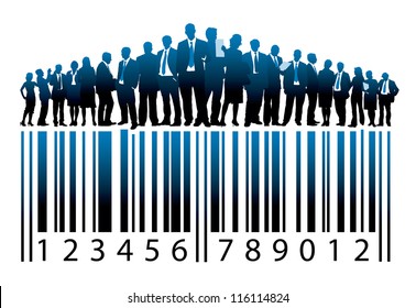 Crowd of businesspeople are standing on a large bar code