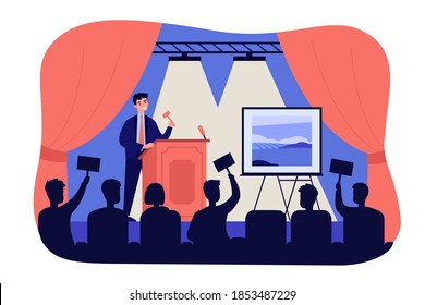 Crowd of buyers bidding at auction isolated flat vector illustration. Cartoon man standing near picture on stage, selling painting and holding gavel. Art gallery and public sale concept