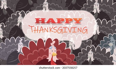 crowd of cartoon flat design turkey birds stand together and expecting the Thanksgiving day to come. Excited birds are waiting for a celebration