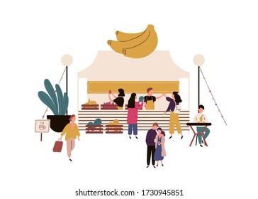 Crowd of cartoon people buying fresh fruit in kiosk and drink juice vector flat illustration. Man and woman walking at local market isolated on white. Fair with organic natural products