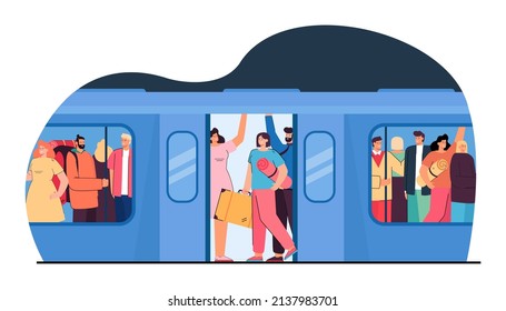 Crowd of cartoon people squeezing tight in metro train. City traveling, overcrowded tube flat vector illustration. Public transport, overpopulation concept for banner, website design or landing page