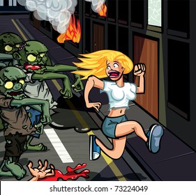 Crowd of cartoon zombies chasing woman down the street