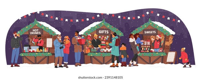 Crowd of Characters Under The Twinkling Night Sky, Gather At The Festive Christmas Fair, Browsing Through Colorful Stalls Filled With Holiday Treats And Gifts. Cartoon People Vector Illustration