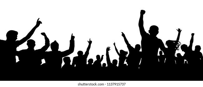 Crowd of cheerful people, applause silhouette vector. Big crowd with lots of people cheering and excited. Audience, event, mob