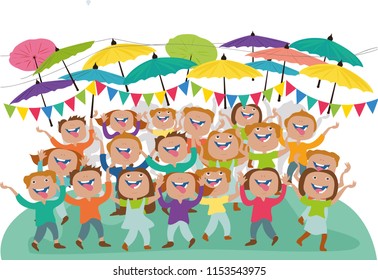 Crowd cheerful people happy cheerful celebrate umbrellas event parade.Joyful mob. Happy group of young people dancing at musical party, concert, disco. Sports fans, applause, cheering.