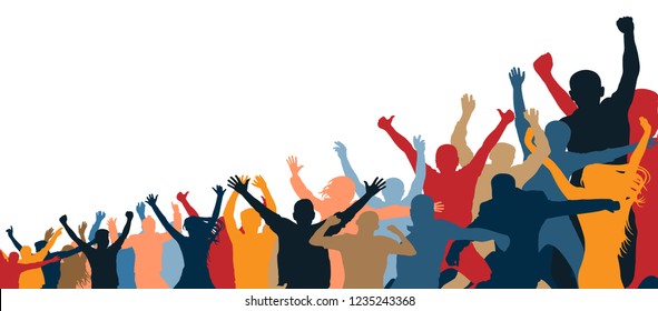 Crowd of cheerful people. Isolated, separate from each other. Hands up. Group of people. Increasing, inclined, under the slope