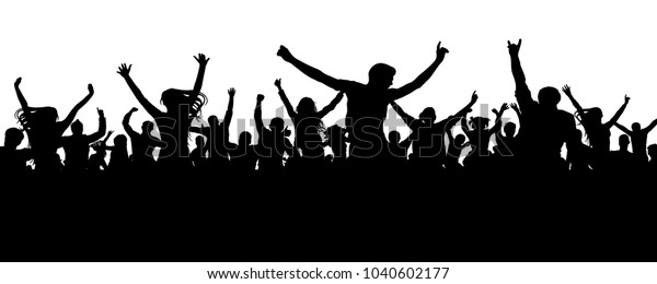 陽気な人々のシルエットを見る 喜びの群衆 楽しい若者のグループが 楽しいパーティー コンサート ディスコで踊る スポーツファン 拍手 歓声 白い背景にベクター画像 のベクター画像素材 ロイヤリティフリー