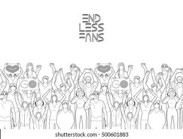 Crowd Of Cheering Fans. Cyber Sport Concept. Vector Endless Border. Coloring Book Page Design For Adults And Kids.