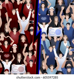 Crowd of cheering fans. Two enemy teams. Cyber sport concept.