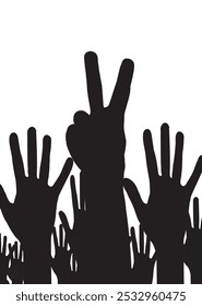 Crowd cheering showing support with raised hands and peace sign
