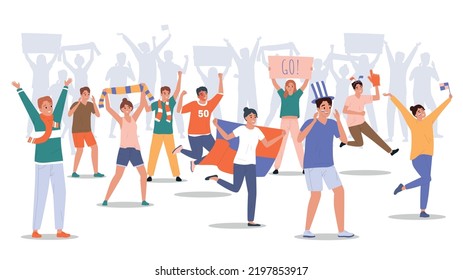 Crowd cheering sport fans and flags posters scarves and people silhouettes in background flat composition vector illustration