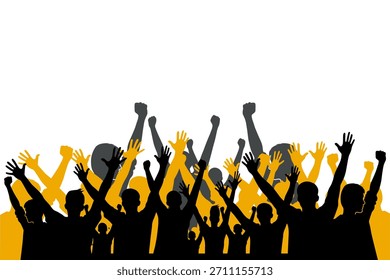 Crowd cheering vector silhouette with hand raise in the air for concert, festival, sports, achievement, freedom, happiness, entertainment