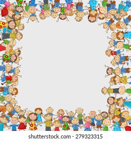 Crowd of children with a box shaped empty space