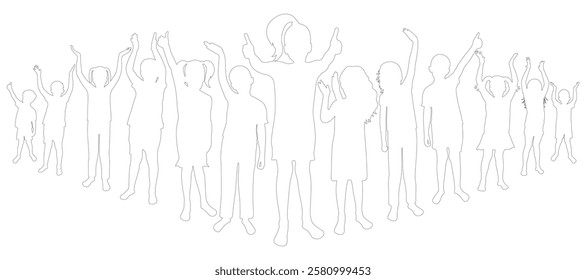 Crowd of children. Contour of saluting, applauding, boys and girls in full growth. Vector illustration