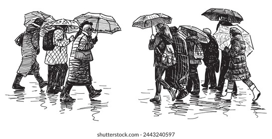 Crowd citizens, casual, pedestrians, under umbrella,raining, walking,urban street,real people, city dwellers, citylife, sketch, black and white vector hand drawn illustration isolated on white