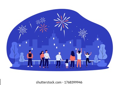 Crowd of city people celebrating urban festive event, watching spectacular firework in night sky over city scape. Vector illustration for pyrotechnics, show, explosion concept