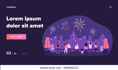 Crowd of city people celebrating urban festive event, watching spectacular firework in night sky over city scape. Vector illustration for pyrotechnics, show, explosion concept