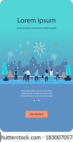 Crowd of city people celebrating urban festive event, watching spectacular firework in night sky over city scape. Vector illustration for pyrotechnics, show, explosion concept